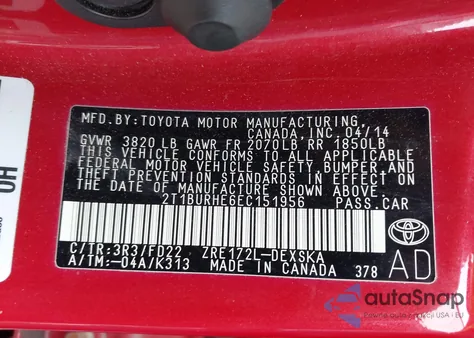 2014 Toyota Corolla L/Le/Le Plus/Le Premium/S/S Plus/S Premium from USA, damaged, VIN 2T1BURHE6EC151956